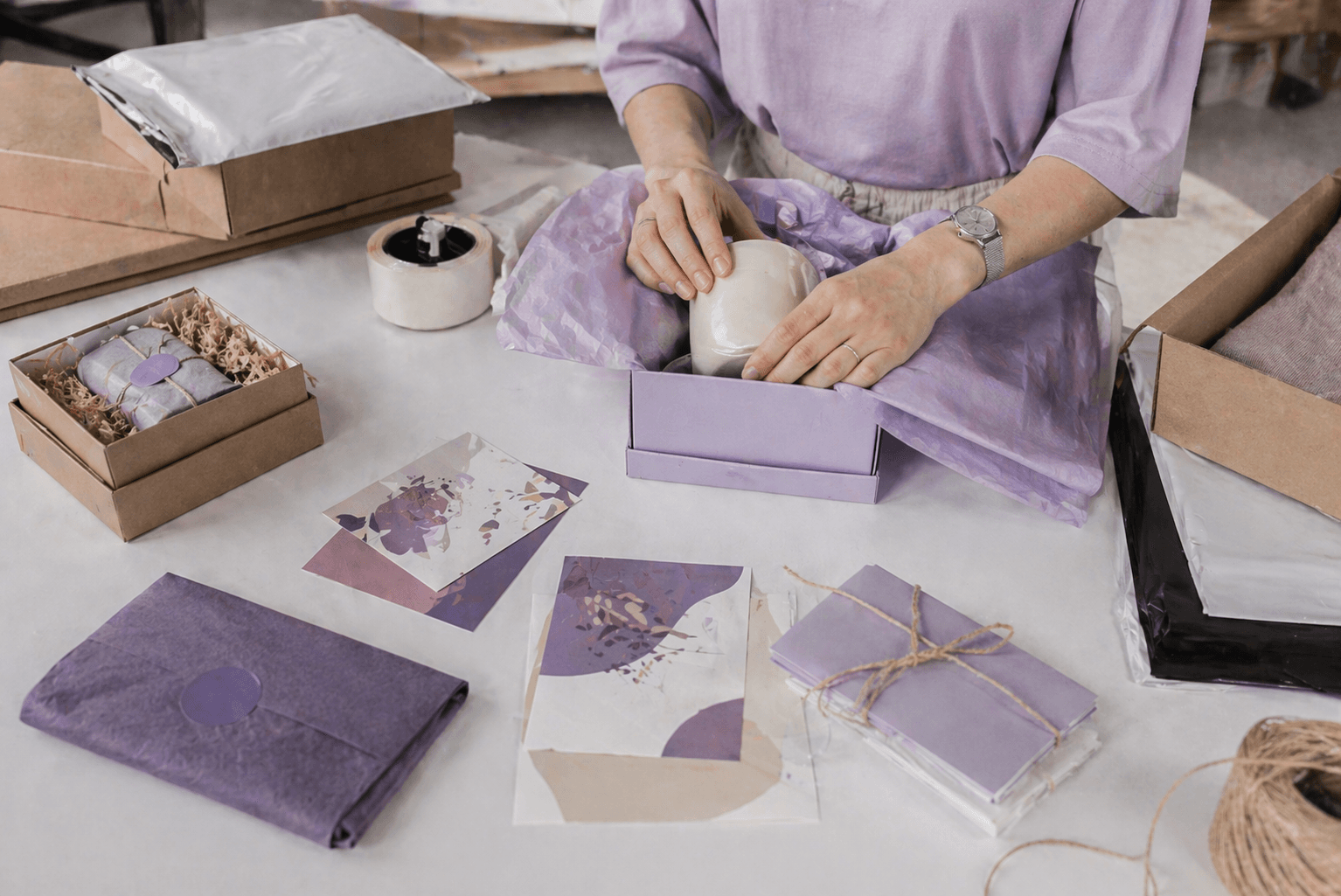 Packing table with inserts and packaging materials