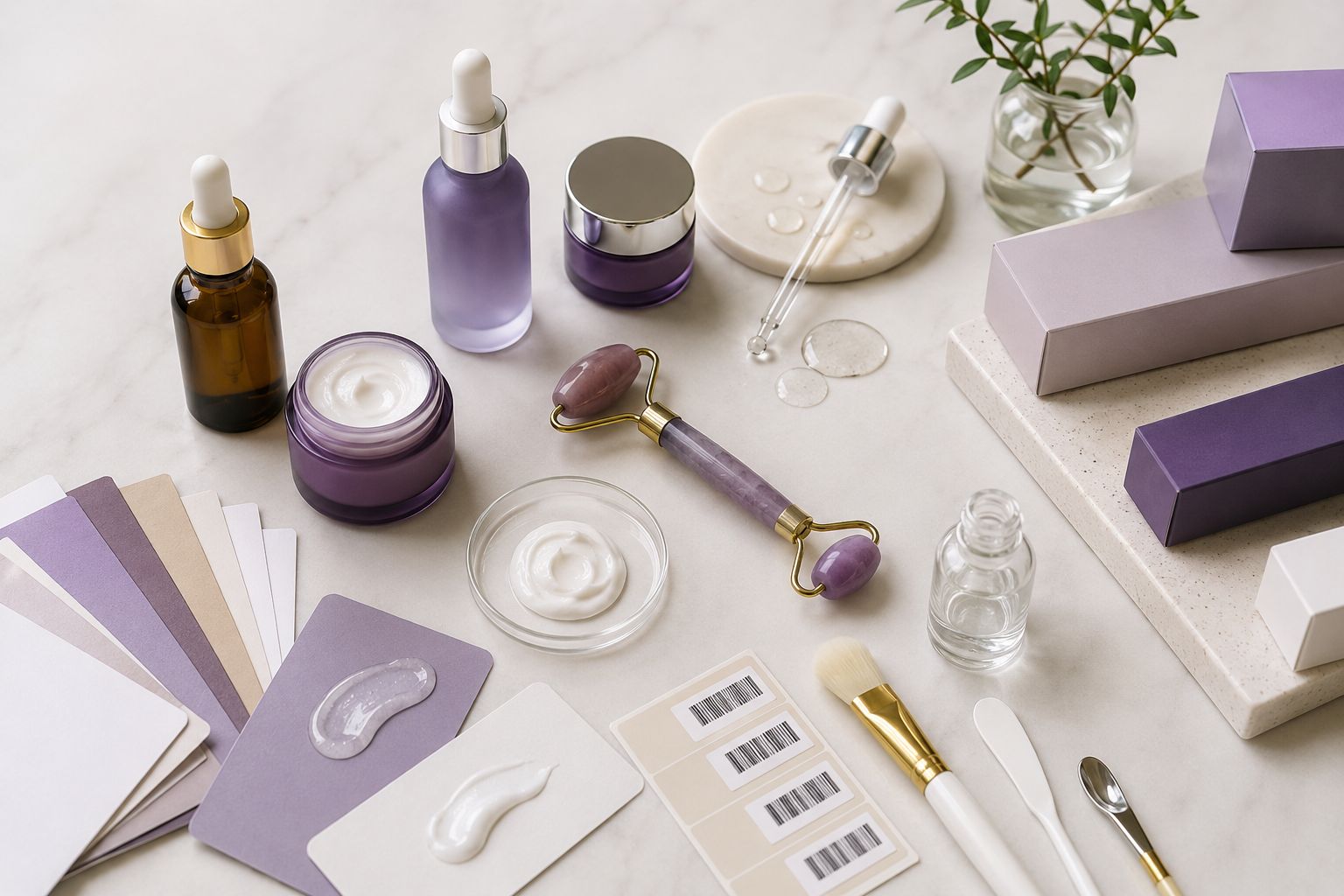 Beauty & Skincare sourcing products Beauty and skincare sourcing flat lay with cosmetic bottles, jars, tools, and packaging samples