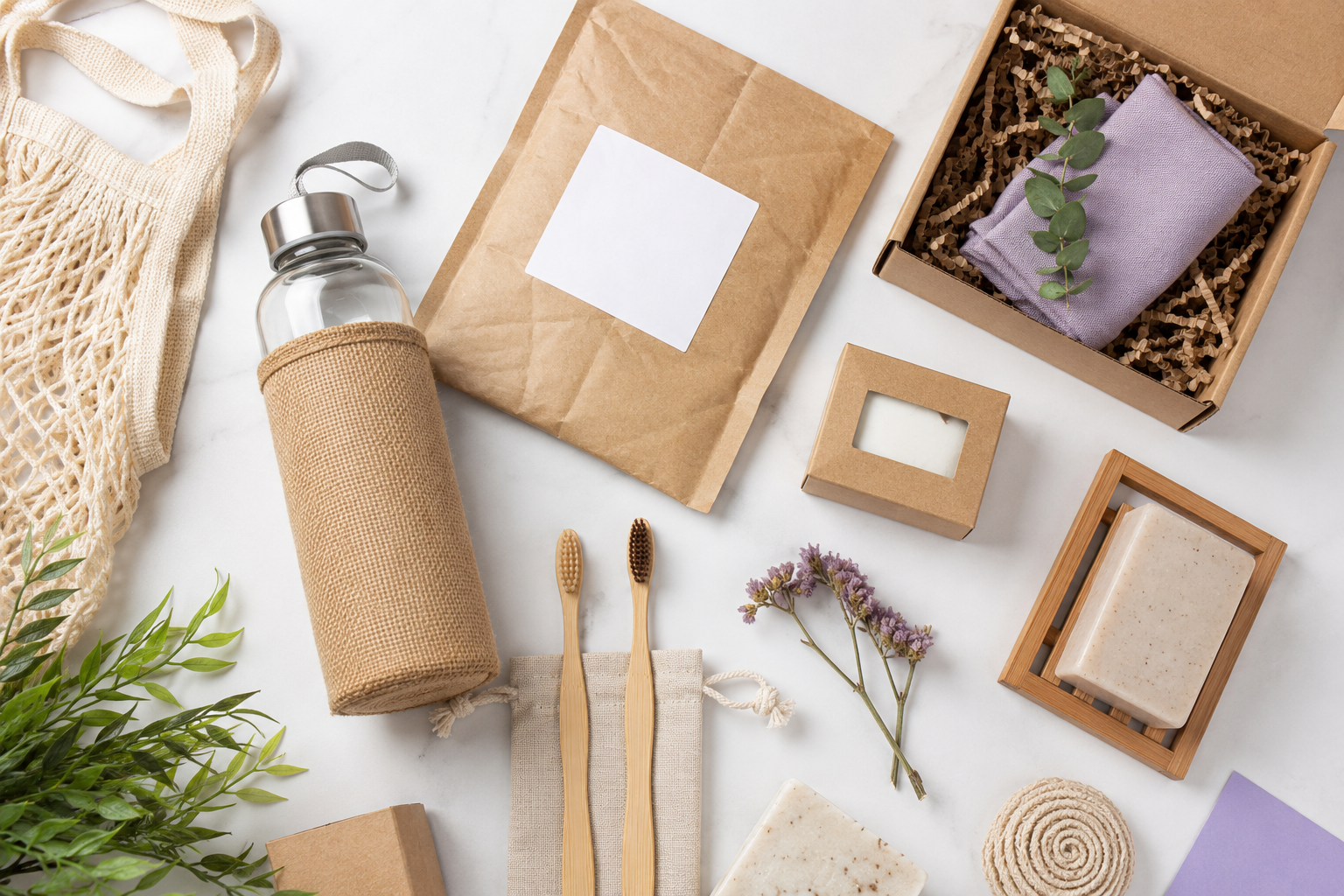 Eco & Sustainable sourcing products Eco and sustainable product sourcing flat lay with bamboo, reusable packaging, natural materials, and inserts