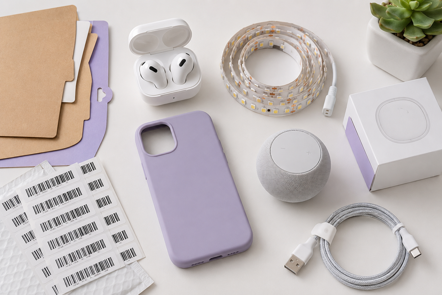 Electronics & Gadgets sourcing products Electronics and gadgets sourcing flat lay with earbuds, phone accessories, cables, and product notes