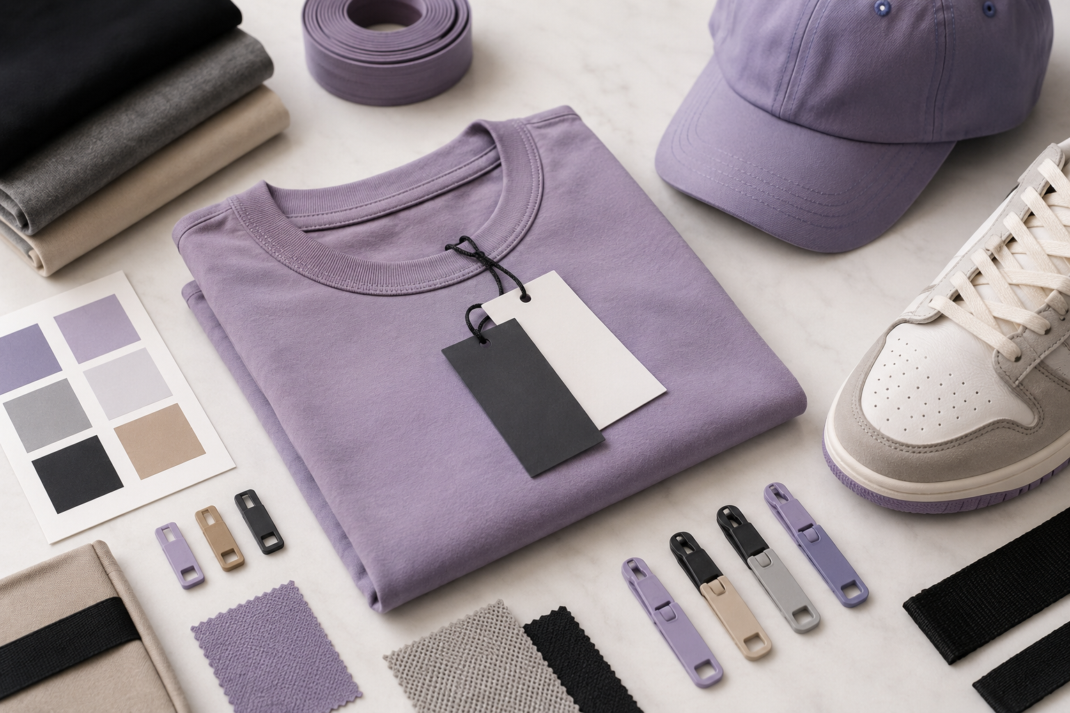Fashion & Apparel sourcing products Fashion and apparel sourcing flat lay with purple garment, cap, shoes, trims, and color swatches