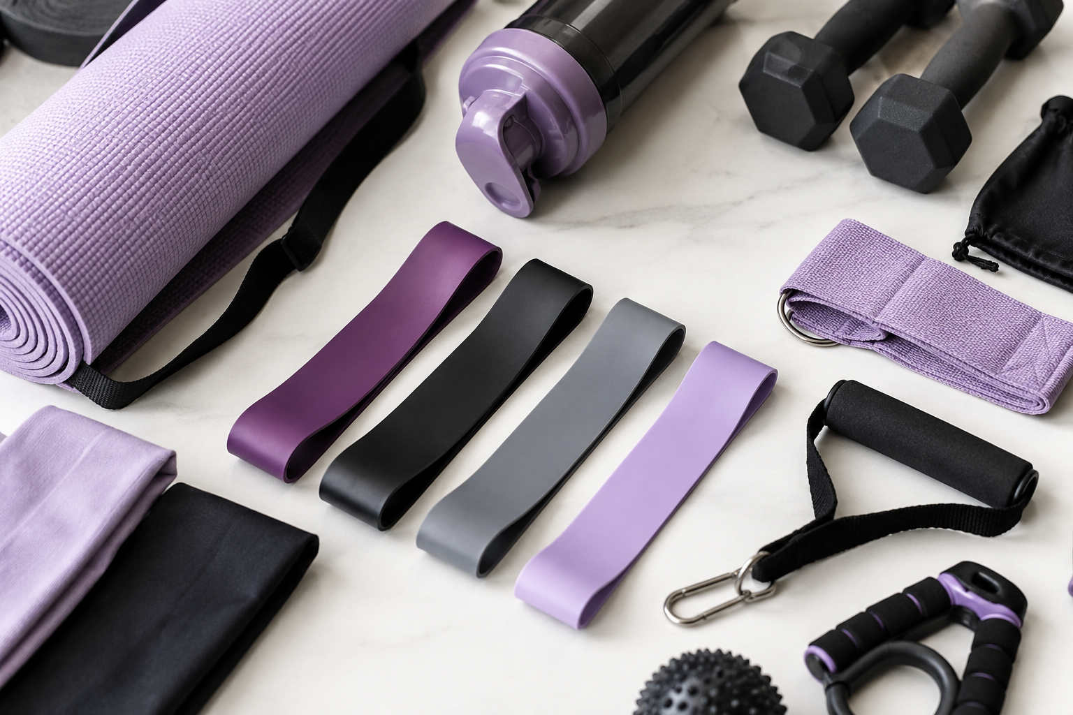 Fitness & Sports sourcing products Fitness and sports sourcing flat lay with resistance bands, yoga mat, grips, and workout accessories