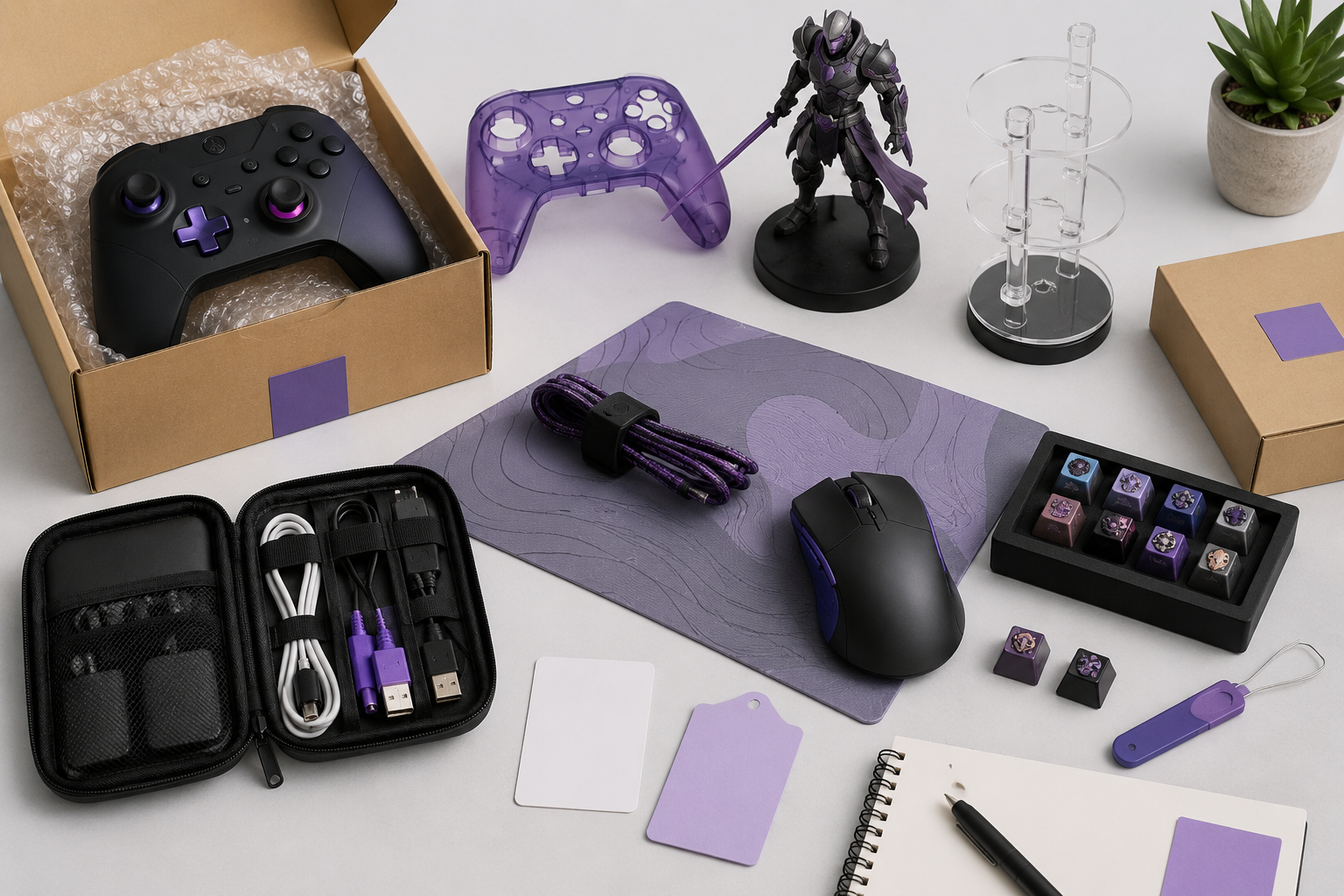 Gaming & Hobby sourcing products Gaming and hobby sourcing flat lay with controllers, miniatures, accessories, and collectible packaging