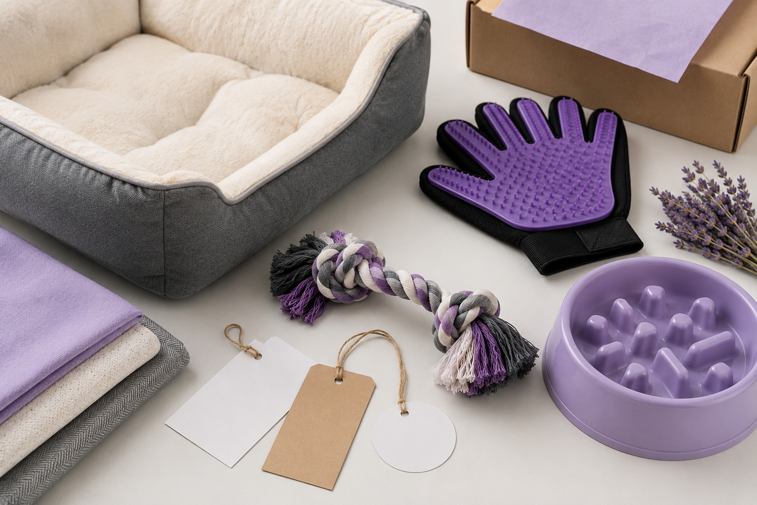 Pet Supplies sourcing products Pet supplies sourcing flat lay with pet bed, grooming glove, toys, rope leashes, and packaging