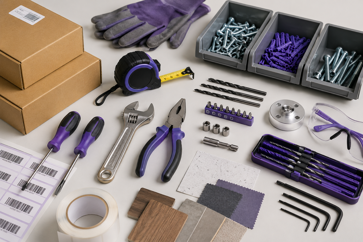 Tools & Industrial sourcing products Tools and industrial sourcing flat lay with hand tools, fasteners, tape, cables, and workshop accessories