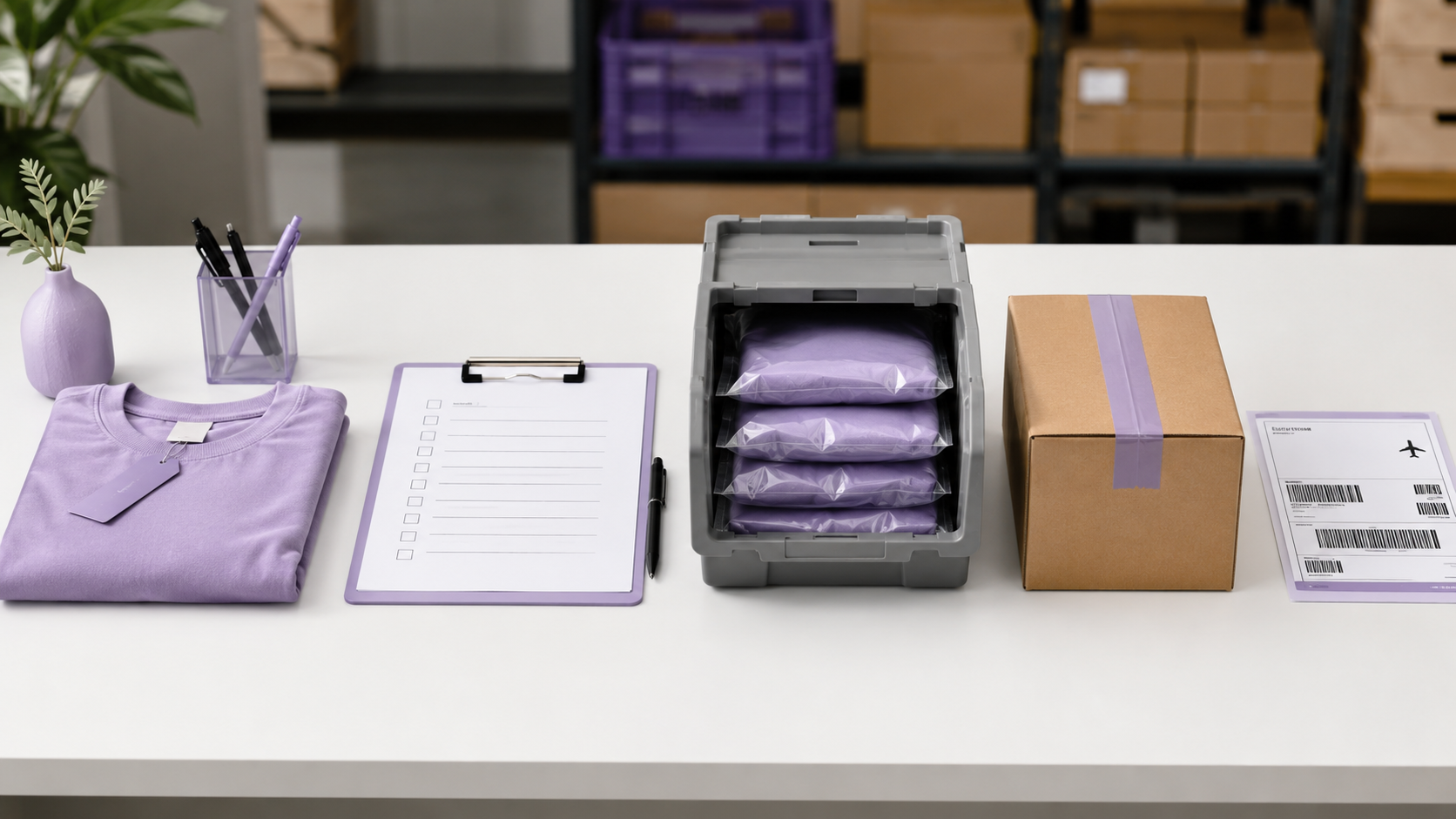 Packing inserts and ecommerce fulfillment preparation Packing table with apparel, labels, inserts, mailers, and ecommerce packaging materials