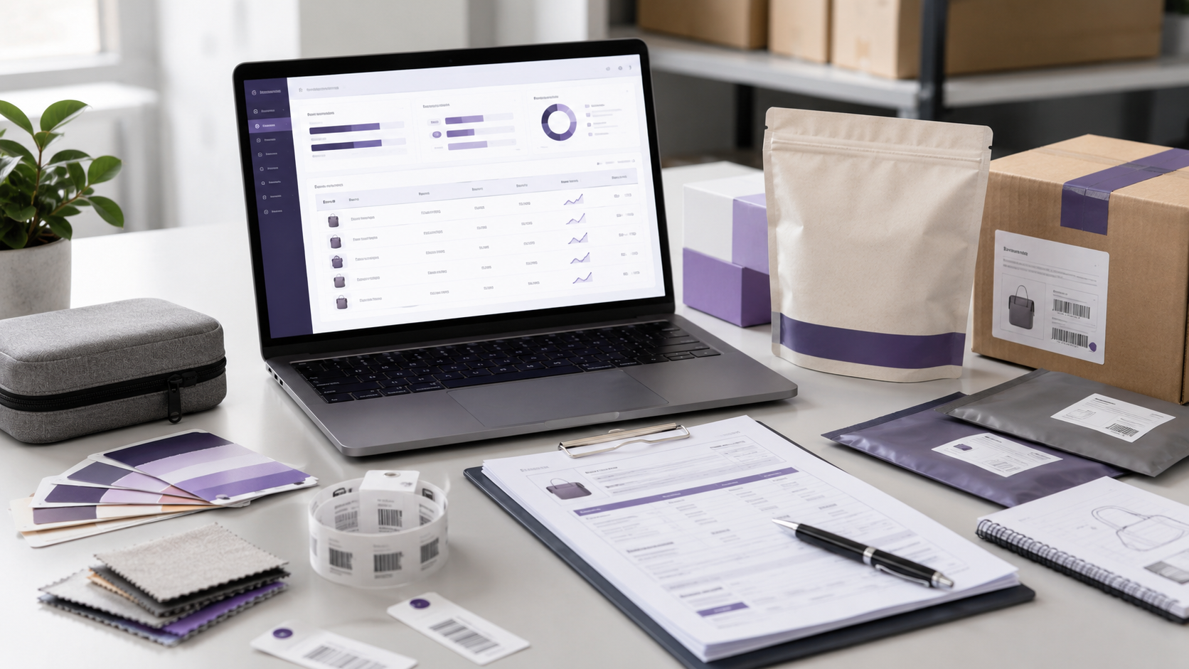 Quality control and sourcing review before fulfillment Quality control and sourcing review desk with product samples, supplier notes, and packaging documents