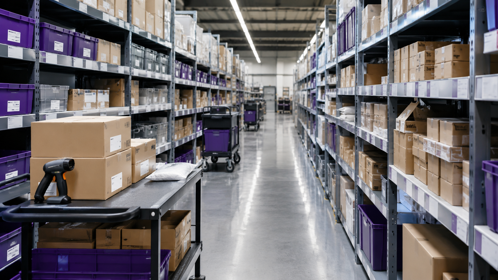 Warehouse visibility for ecommerce inventory in China Shenzhen warehouse aisle with organized ecommerce inventory shelves and fulfillment bins